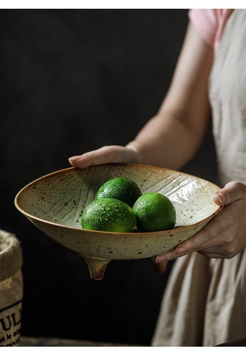 Tripod stoneware fruit plate with three wet limes, earth tones, unique home decor.